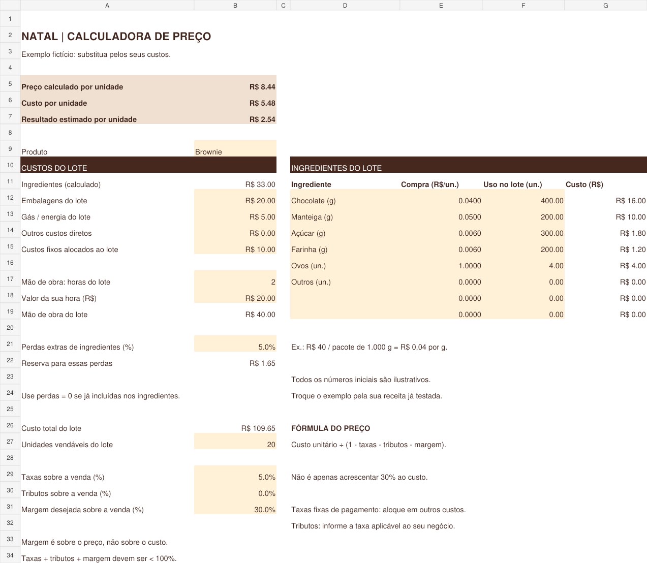 Prévia da calculadora de preços em Excel