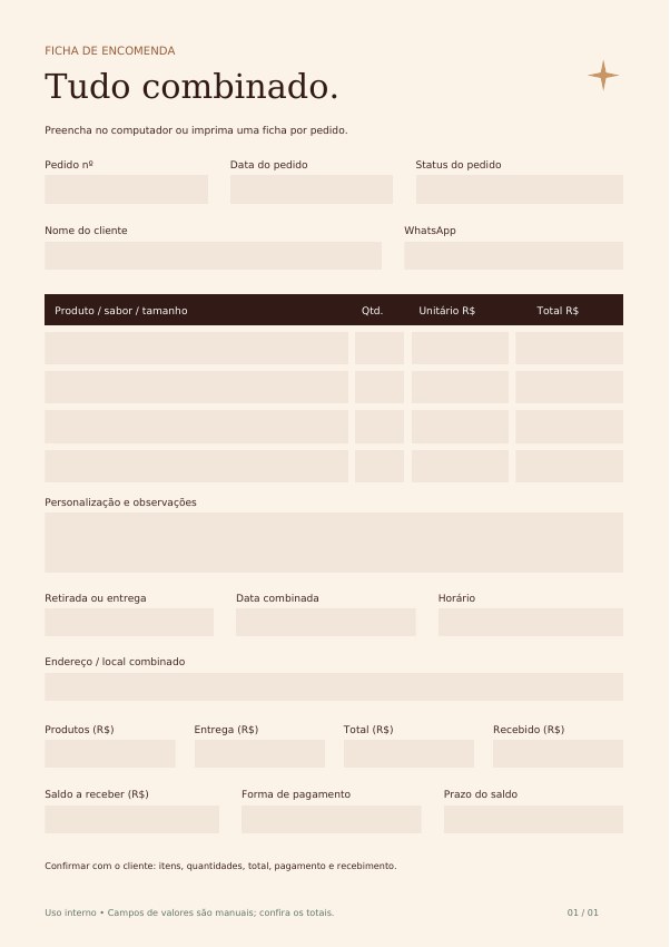 Prévia da ficha de encomendas preenchível